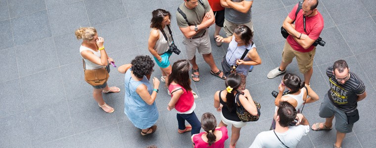 tourists around guide, top view